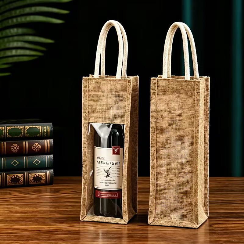 Jute Single Wine Bottle Tote Bag with Window